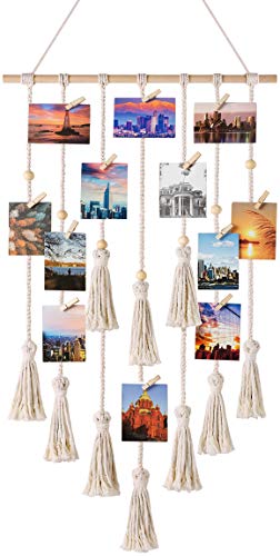 Product Cover Mkono Hanging Photo Display Macrame Wall Hanging Pictures Organizer Boho Home Decor, with 30 Wood Clips