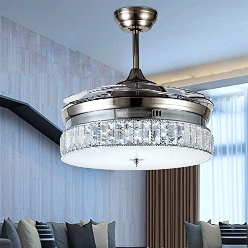 Product Cover Retractable Crystal Ceiling Fans Light with Remote Control 4-Blade Invisible Ceiling Fan Chandelier Art Decoration 36 inch (Silver)