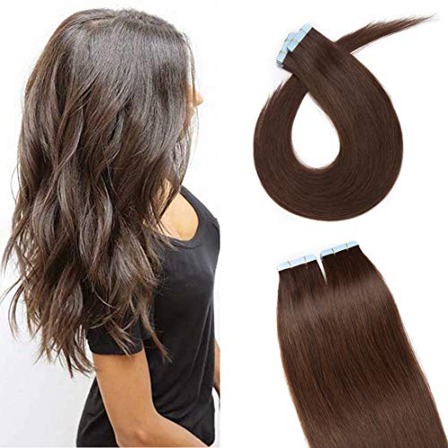 Product Cover SEGO 40 Pieces Rooted Tape in Hair Extensions Human Hair Seamless Skin Weft 100% Real Remy Invisible Tape Hair Extensions Straight Double Sided 14 inches #04 Medium Brown 80g