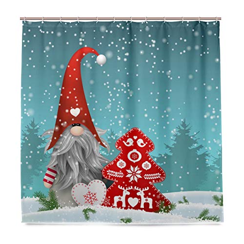 Product Cover Wamika Lovely Sprite Christmas Gnome Snowman Shower Curtain 72 W x 72 H IN Snow Snowflake Merry Christmas Tree Red Bells Bathroom Curtain Set with Hooks Santa Claus Happy New Year Decoration