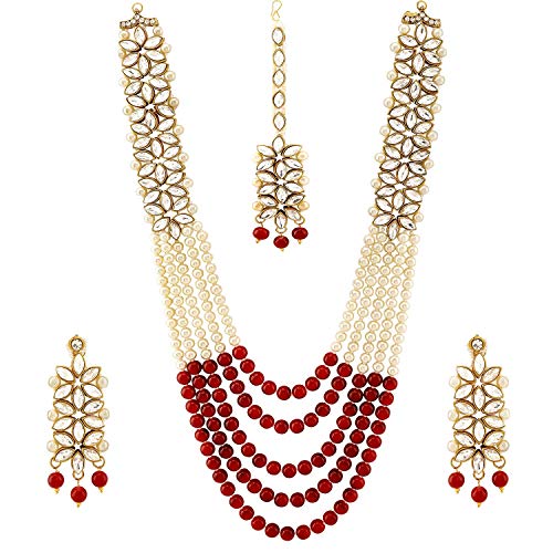 Product Cover Mann Jewels Kundan Pearl Necklace, Earrings and Maang Tikka Jewellery Set for Women (Maroon)