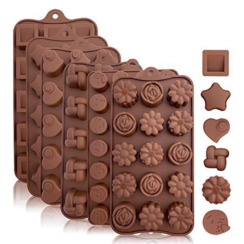 Product Cover Silicone Chocolate Candy Molds: Silicone Baking Molds for Cake, Brownie Topper, Hard & Soft Candies, Gummy, Jello, Keto Fat Bombs - Hearts, Stars, Flowers, Emojis, Fun Shapes in Brown Trays, 6 Pack