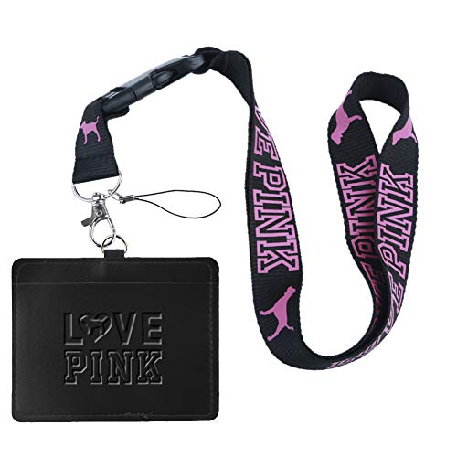 Product Cover Love Pink Black Faux Leather Business ID Badge Card Holder with (Black with Pink Hollow) Keychain Lanyard