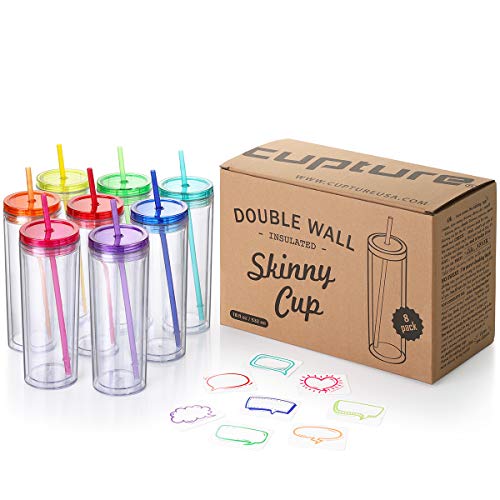 Product Cover Cupture Skinny Acrylic Tumbler Cups with Straws - 18 oz, 8 Pack (Assorted Colors)
