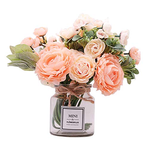 Product Cover MISBEST Artificial Flowers with Vase,Camellia Lulian Bouquet Faux Flower Arrangements for Wedding Home Decoration Decorations Peach