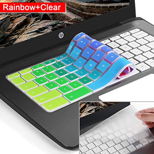 Product Cover [2pack] for hp chromebook 14 Keyboard Cover Skin,hp 14 inch Touch-Screen Chromebook,hp Chromebook 14-ak,14-ca Series,hp Chromebook 14 G2 G3 G4 Series,Ultra Thin Silicone Keyboard Cover(Rainbow+Clear)