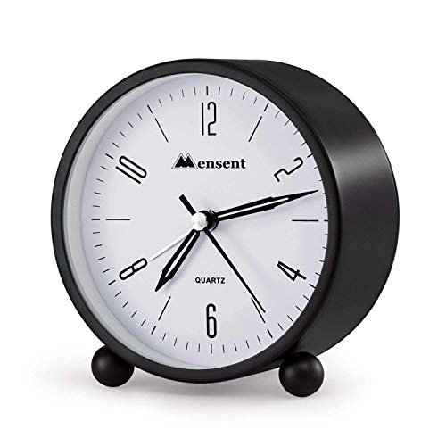 Product Cover Alarm Clock.Mensent 4 inch Round Silent Analog Alarm Clock Non Ticking,with Night Light, Battery Powered Super Silent Alarm Clock, Simple Design Beside/Desk Alarm Clock (Black)