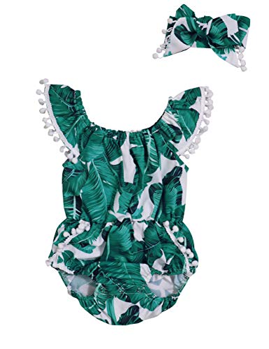 Product Cover Newborn Baby Girls Clothes Ruffle Lace Tropical Summer Romper with Cute Headband Bodysuit(3-6 Months) Green