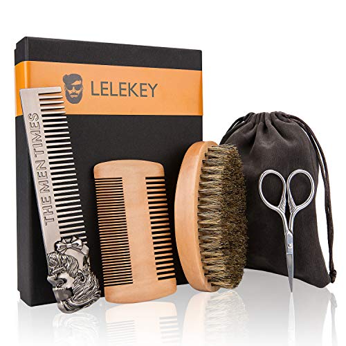 Product Cover LELEKEY Beard Brush,Comb and Mustache Scissor Set for Men's Care,4 in 1 Natural Boar Bristle Brush+Wood&Stainless Steel Comb,Trimming Scissor with Travel Pouch,Ideal Grooming Kit for Men Gift Set