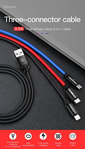 Product Cover Baseus 3 in 1 Three Colours M+L+T Distinguish USB Cable for Samsung Galaxy S9/Note 9 Type C- Micro USB Charger Cable for iPhone X 8 7Plus- Xiaomi Mi Note 5 Pro USB Charge Cable(Multicolur)