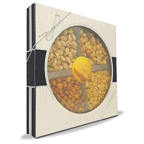 Product Cover Nuts Assorted Fancy Salted Mixed Nuts, Large Deluxe Gourmet Kosher Nut Platter, Salted Pistachios, Salted Peanuts, Honey Peanuts, Box With Silver Ribbon Perfect For A Gift