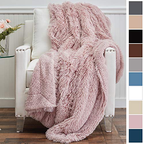 Product Cover The Connecticut Home Company Shag with Sherpa Reversible Throw Blanket, Super Soft, Large Plush Wrinkle Resistant Blankets, Warm Hypoallergenic Washable Couch or Bed Throws, 65x50, Dusty Rose