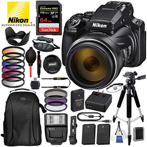 Product Cover Nikon COOLPIX P1000 Digital Camera with 125x Optical Zoom USA (Black) 16PC Accessory Bundle Package - Includes SanDisk 64GB Extreme Pro SDHC Memory Card + 2X Extra Battery + 57
