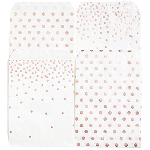 Product Cover Juvale 100-Pack Rose Gold Foil Dots Paper Party Favor Treat Bags for Cookies, Candy Buffet, Bridal Shower & Wedding, 5 x 7.5 Inches