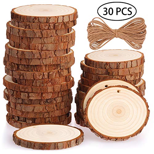 Product Cover Fuyit Natural Wood Slices 30 Pcs 2.8-3.1 Inches Craft Wood Kit Unfinished Predrilled with Hole Wooden Circles Great for Arts and Crafts Christmas Ornaments DIY Crafts