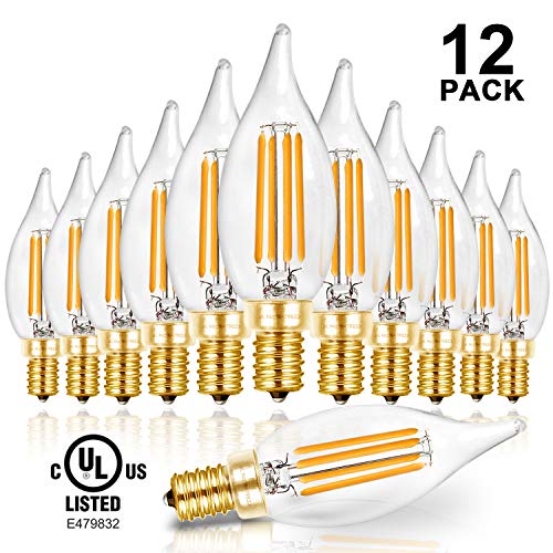 Product Cover Hizashi 90+ CRI LED Candelabra Bulb Flame Tip 40W Equivalent Dimmable E12 Filament Candle Bulbs 4W, 450 Lumens, 2700K Warm White CA10 LED Chandelier Light Bulbs, UL Listed - 12 Pack