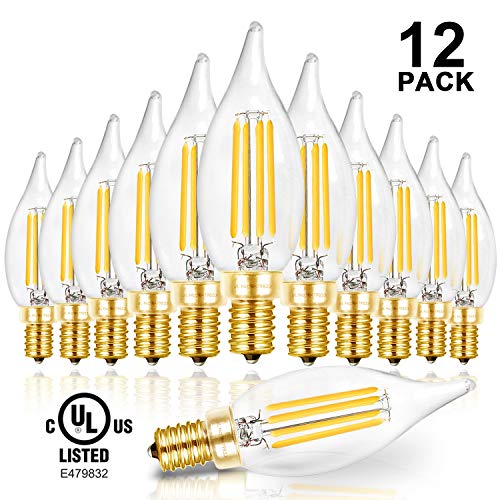 Product Cover Hizashi LED Candelabra Bulb Flame Tip 40W Equivalent Dimmable E12 Filament Candle Bulbs 4W, 450 Lumens, 5000K Daylight White CA10 LED Chandelier Light Bulbs, 90+ CRI, UL Listed - 12 Pack
