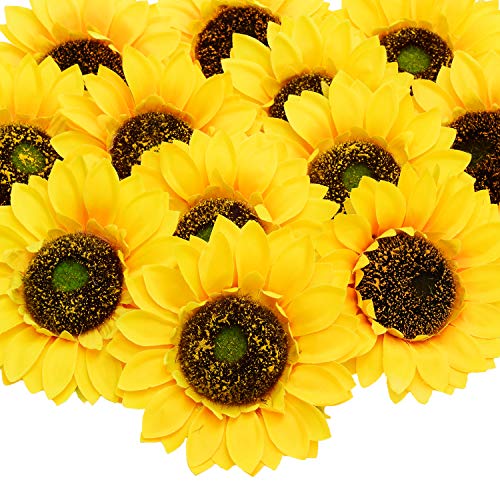 Product Cover Artificial Sunflower Heads, 12 Pcs Silk Faux Sunflowers Yellow Gerber Daisies for DIY Wedding Fall Autumn Party Cupcake Hair Clip Wreath Topper Decoration, 5.9