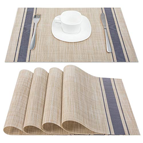 Product Cover Artand Placemats, Heat-Resistant Placemats Stain Resistant Anti-Skid Washable PVC Table Mats Woven Vinyl Placemats, Set of 6 (Blue)