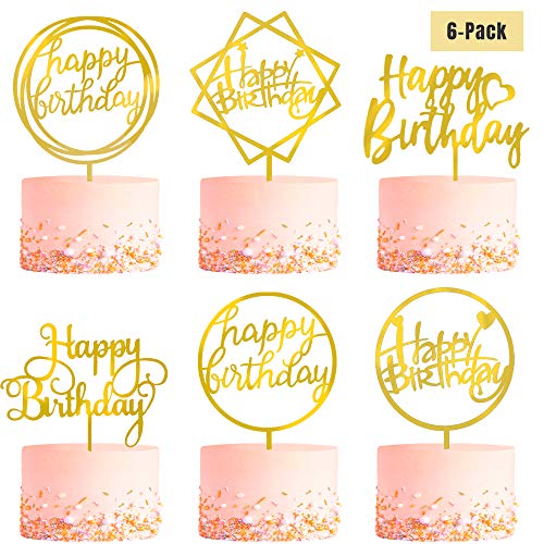 Product Cover 6-Pack Gold Birthday Cake Topper Set, Double-Sided Glitter, Acrylic Happy Birthday Cake Toppers /Cupcake Toppers, Birthday Decorations for Children or Adults.