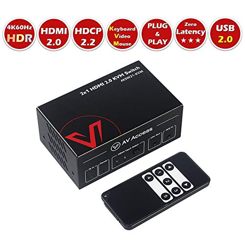 Product Cover AV Access KVM Switch Switcher HDMI 2.0 2 Port IR Remote, 4K60Hz YUV444 18Gbps, 2x1 USB 2.0 Keyboard/Mouse/Printer/Monitor/PC selector, Audio Out/Mic in, HDR10, Dolby/DTS, HDCP 2.2, 2 Input 1 Output