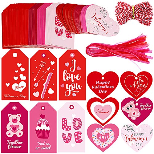 Product Cover Supla 120 Pcs 12 Style Gift Tag with Hole in Pink Red Fuchsia Heart Cut Outs Favor Tags Treats Tags Hang Tags Hang Label with Organza Ribbons and Bakers Twine for Valentine's Day Wedding Greetings