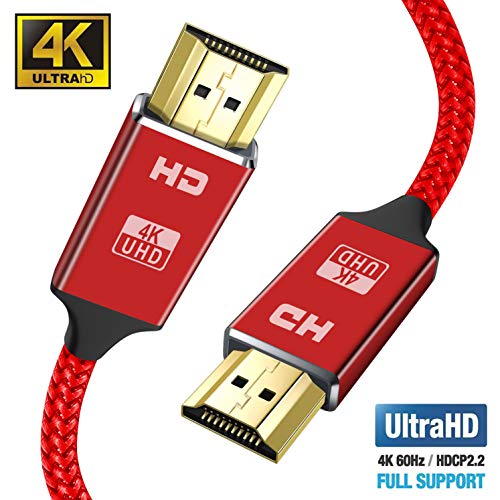 Product Cover 4K HDMI Cable 6ft (4K UHD HDMI 2.0 Ready) - Braided Cord - Ultra High Speed 18Gbps - Gold Plated Connectors - Ethernet & Audio Return - Video 4K 2160p HD 1080p 3D - Xbox PS3 PS4 PC TV-Red