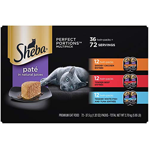 Product Cover Sheba Perfect PORTIONS Wet Cat Food Pate Savory Chicken Entrée, Tender Beef Entrée, Tender Whitefish & Tuna Entrée Variety Pack, (36) 2.6 oz. Twin-Pack Trays