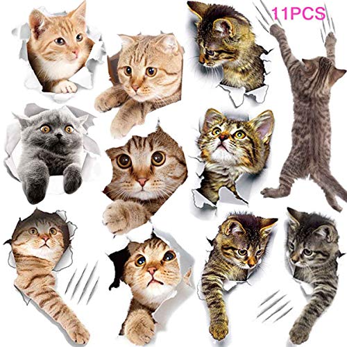 Product Cover 11PCS New 3D Removable Cartoon Animal Cats Large Wall Stickers, Easy to Peel Easy to Stick Safe on Painted Walls Cute Cat Decor Posters for Nursery Room Toilet Kitchen Offices