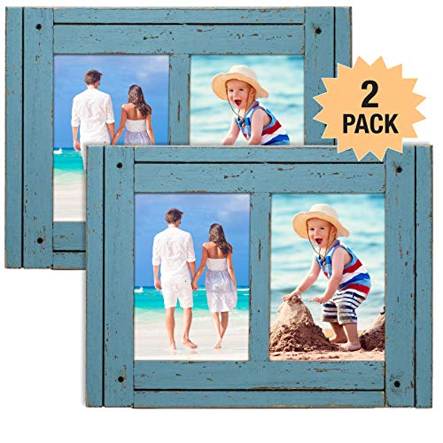 Product Cover Excello Global Products Rustic Shabby Chic Turquoise Blue Weathered Distressed Vintage Style Wooden Picture Frame with Self-Stand Easel, Each Frame Holds Two 5