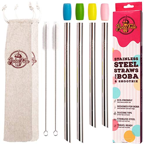 Product Cover BOBA FIDE Stainless Steel Boba & Smoothie Straws + Safety Silicone Tips & Brushes in 2 Travel Cases, Angled Tip Extra Wide Bubble Tea Milkshake Straws, 4 Reusable Metal Straws in 2 Sizes for Family