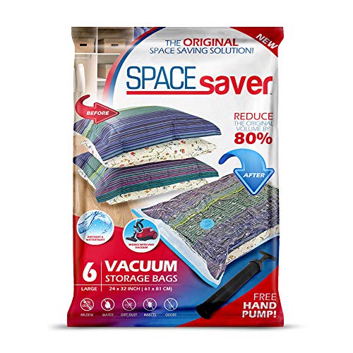 Product Cover Spacesaver Premium Reusable Vacuum Storage Bags, Save 80% More Storage Space. Double Zip Seal & Leak Valve, Travel Hand Pump Included (Large 6 Pack)