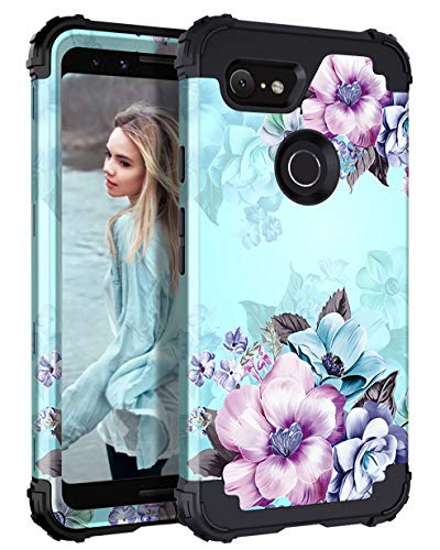 Product Cover Casetego Compatible Google Pixel 2 Case, Floral Three Layer Heavy Duty Hybrid Sturdy Armor Shockproof Full Body Protective Cover Case for Google Pixel 2, Blue