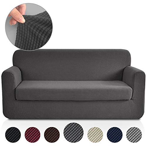 Product Cover Rose Home Fashion Jacquard Stretch 2 Separate Pieces Sofa Cover, Sofa Slipcover with Separate Cushion Cover Couch-Polyester Spandex Sofa Slipcover&Couch Cover for Dogs(Sofa: Dark Grey)