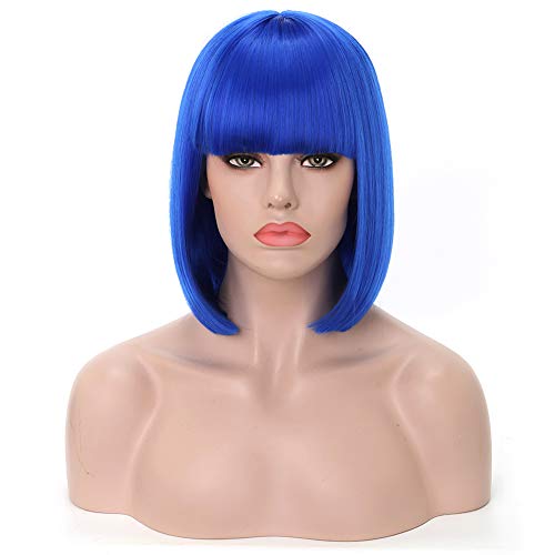 Product Cover Rosa Star Short Bob Hair Wigs with Flat Bangs Straight Synthetic Colorful Costume Cosplay Wig for Women(Sapphire Blue)