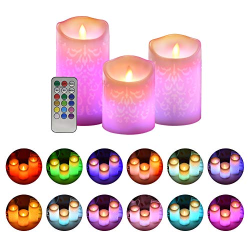 Product Cover ACROSS Flickering Flameless Candles, Set of 3 Real Wax Color Changing LED Pillar Candles Battery Operated Realistic 3D Dancing Flame Fake Candles with 18-Key Remote Control for Birthday Wedding Party