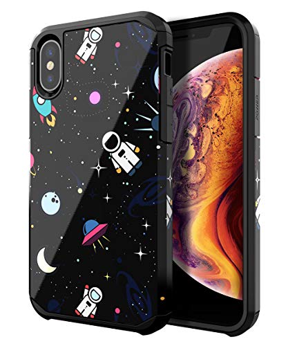 Product Cover PBRO iPhone Xs Case,iPhone X Case,Cute Astronaut Case Dual Layer Soft Silicone & Hard Back Cover Heavy Duty PC+TPU Shockproof Case for iPhone Xs/X Cases 5.8 Inch for Men/Women/Girls/Boys-Space/Black