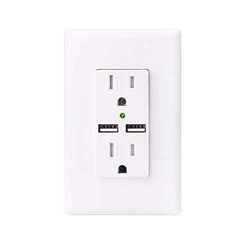 Product Cover OMEENET 3.1A USB Outlet, Wall Charger with 2 USB Ports, Tamper-Resistant Duplex Receptacle, Wall Plate Included, White, Surge Protection