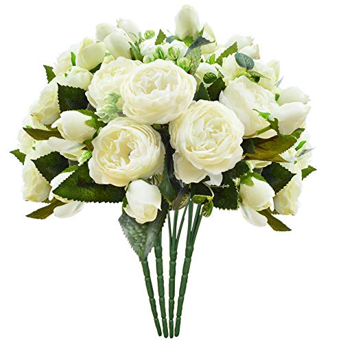 Product Cover Schliersee Artificial Flowers Peony Silk Fake Flower Bouquet for Home Wedding Decoration Cream Color, 4pcs