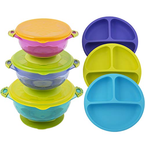 Product Cover Toddler Plates and Bowls | Baby Bowls with Suction in 3 Different Sizes w/Air Tight Lid | Divided Silicone Plate - Unbreakable, Easy Clean & Perfect for Fussy Eaters | Baby Feeding Set