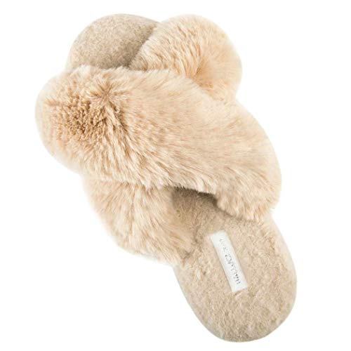 Product Cover HALLUCI Women's Cross Band Soft Plush Fleece House Indoor or Outdoor Slippers (7-8, Camel)