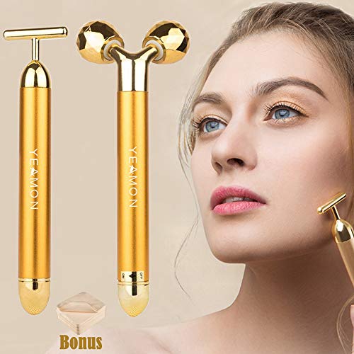 Product Cover 2-IN-1 Beauty Bar 24k Golden Pulse Facial Face Massager,Electric 3D Roller and T Shape Arm Eye Nose Head Massager Instant Face Lift,Anti-Wrinkles,Skin Tightening,Face Firming