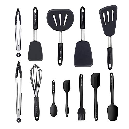 Product Cover To encounter Silicone Spatula Set 12pcs Nonstick Kitchen Utensil Set Rubber Fish Spatulas Pancake Flippers Heat Resistant Seamless Turner Spatula Spoonula Dishwasher Safe for Mixing Cooking and Baking