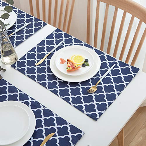 Product Cover Homcomoda Place Mats for Kitchen Table Waterproof Spillproof Polyester Placemats Geometric Series Trellis for Dinner Table Set of 6 (Navy Blue)