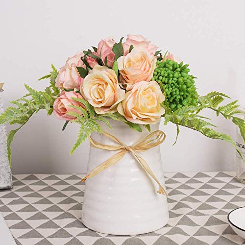 Product Cover YUYAO Artificial Flowers Rose Bouquets with Vase Fake Silk Flower with Ceramic Vase Modern Bridal Flowers for Wedding Home Table Office Party Patio Decoration (Pink)
