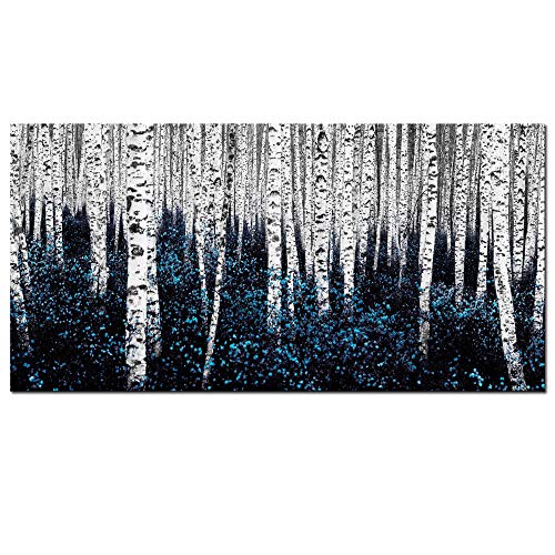Product Cover Sea Charm - Birch Tree Wall Art Blue Abstract Forest Picture Teal Gray Aspen Painting Modern Landscape Canvas Art Turquoise Wall Decor for Home Living Room Bedroom Office