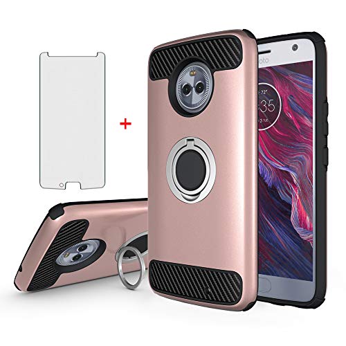 Product Cover Phone Case for Motorola Moto X4 with Tempered Glass Screen Protector Cover Magnetic Ring Holder Stand Kickstand Cell Accessories MotoX4 X (4th Generation) 4X 4 Gen Android One XT1900-1 Women Rose Gold