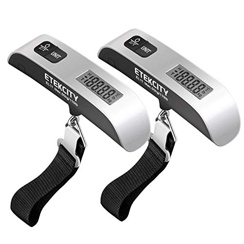 Product Cover Etekcity Digital Hanging Luggage Scale, Portable Handheld Baggage Scale for Travel, Suitcase Scale With Rubber Paint, Temperature Sensor, 110 Pounds, Silver, Battery Included (2 Pack)