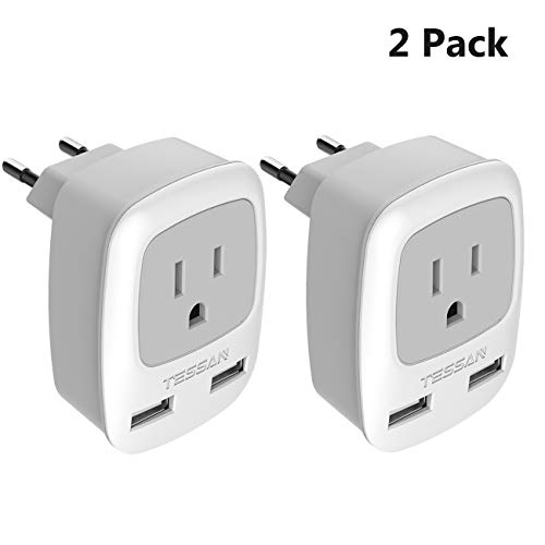 Product Cover European Plug Adapter 2 Pack, TESSAN International Travel Power Outlet Adaptor with 2 USB - USA to Most of Europe EU Spain Iceland Germany France Italy (Type C)