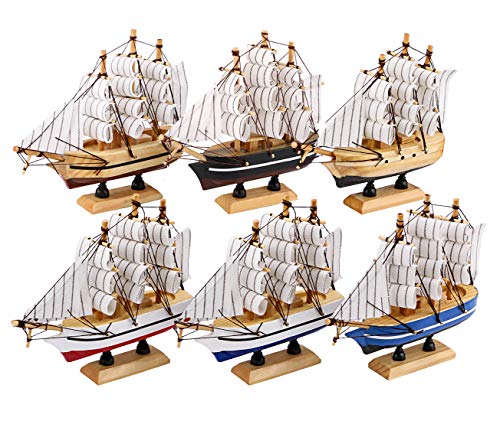 Product Cover Dedoot Sailing Ship Model Decor, Pack of 6 Wooden Miniature Sailing Boat Model Handmade Vintage Nautical Sail Ship 5.5x5x1.2 Inch for Tabletop Ornament, Ocean Theme and Home Decor - 6 Colors